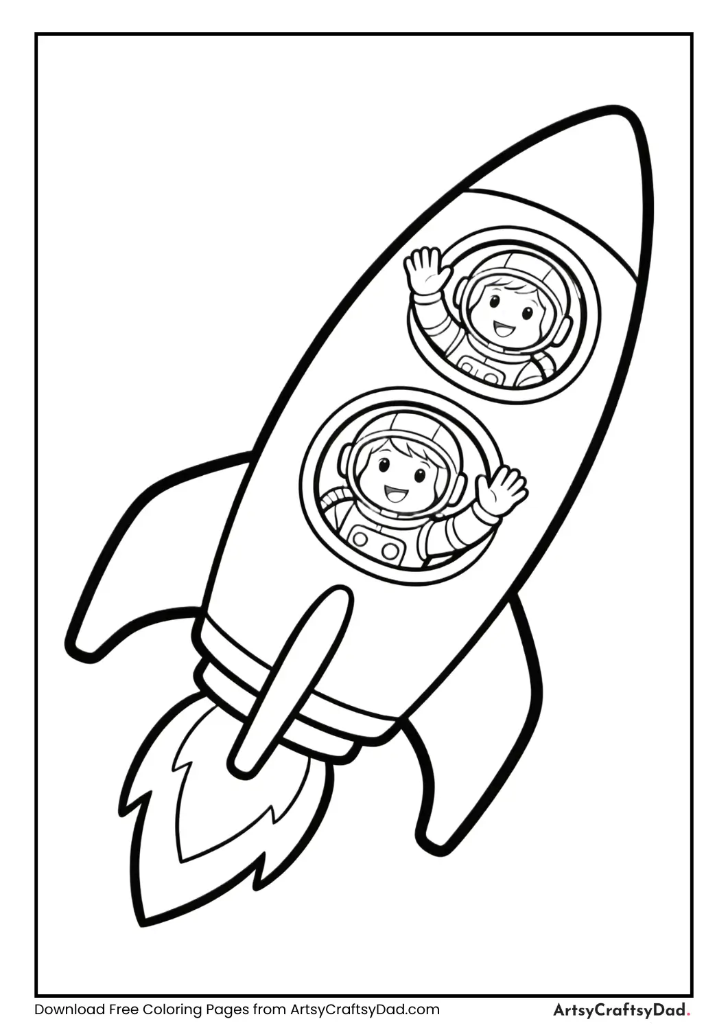 Smiling astronauts inside a rocket coloring page