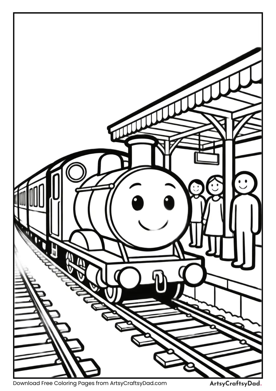 Smiling train at railway station coloring page