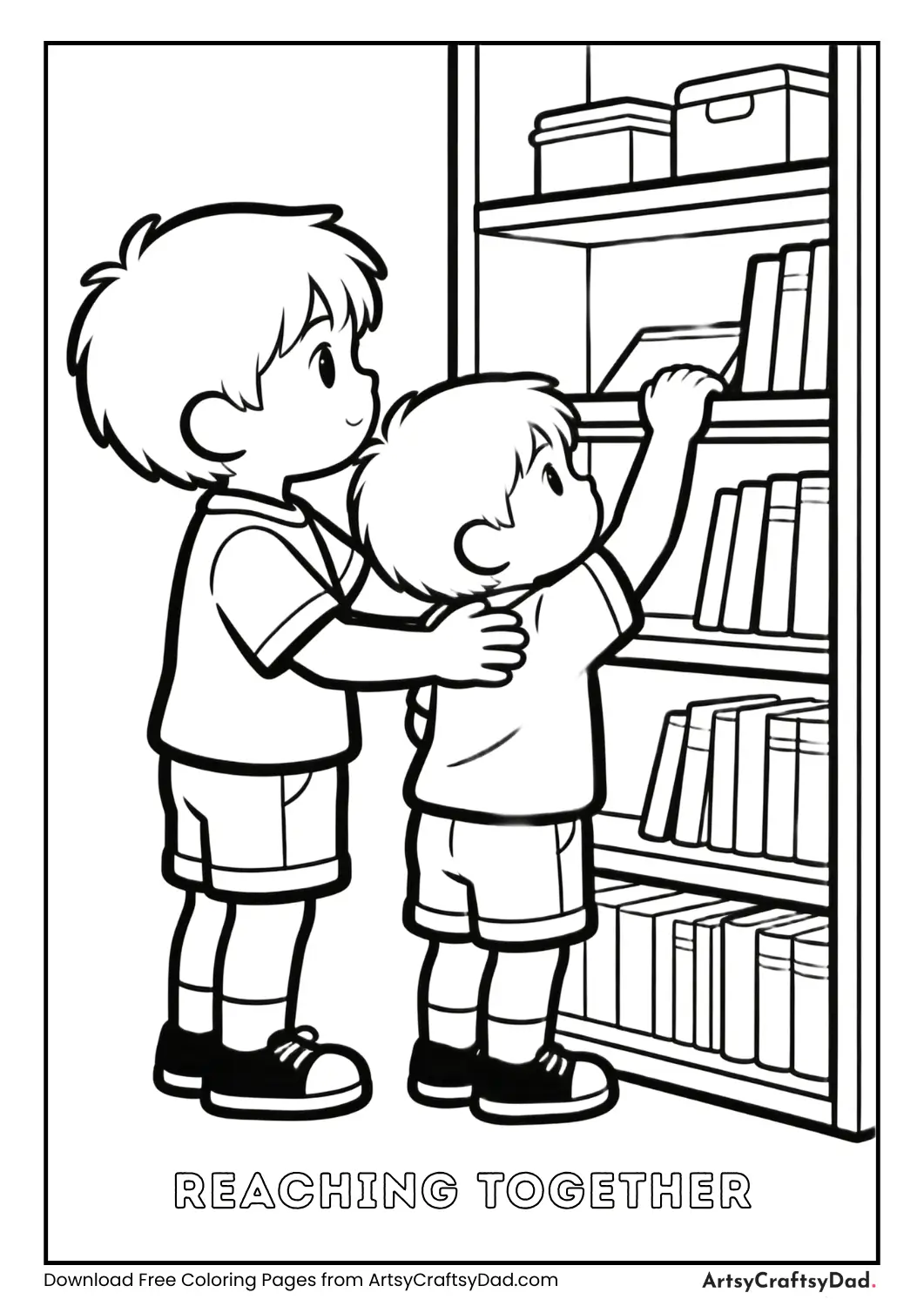 Children helping a younger child reach a high shelf.