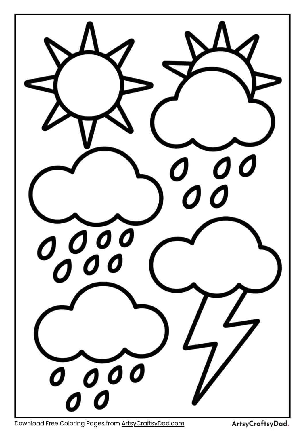 Weather symbols coloring page for kids