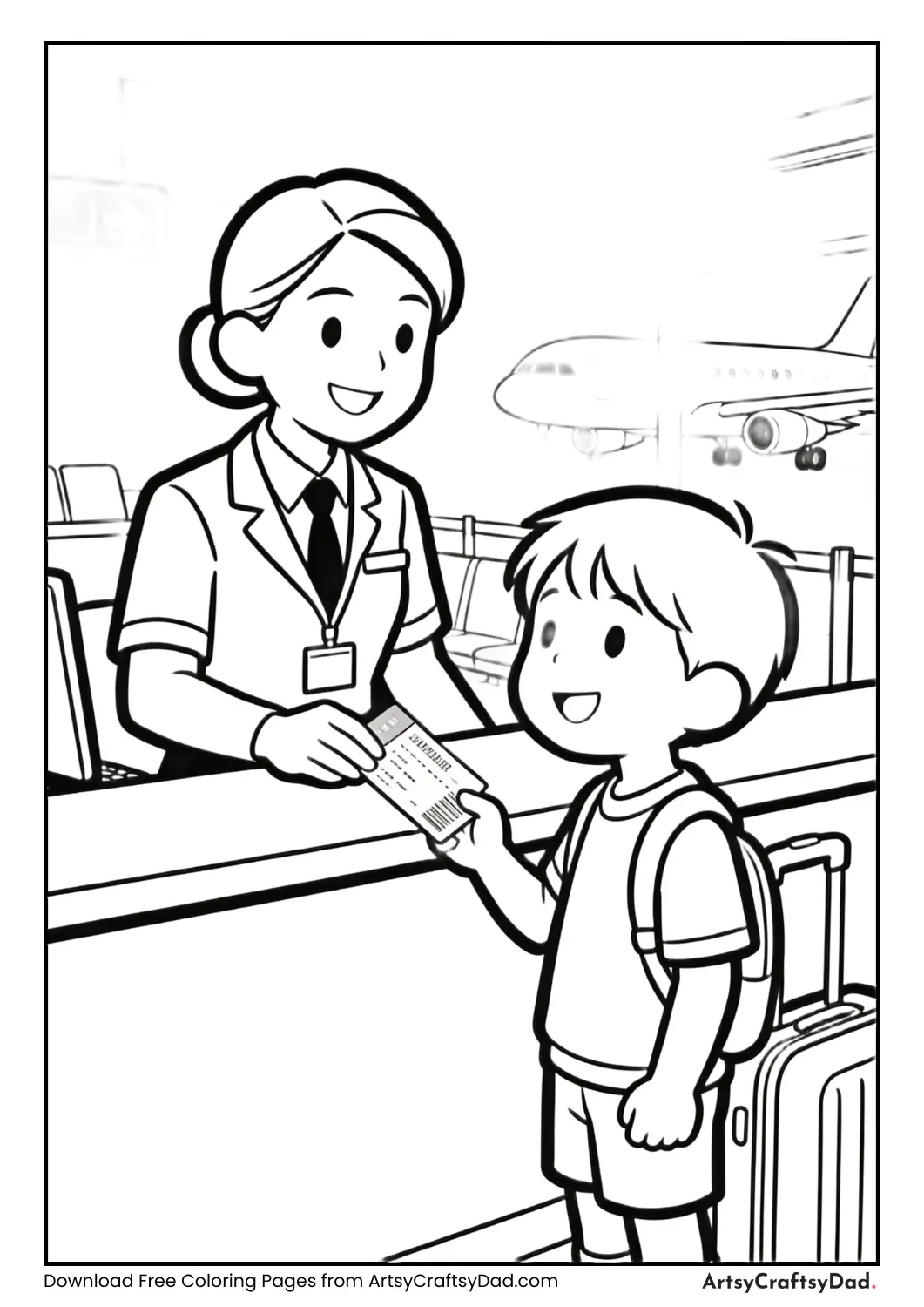 Airport check-in counter scene coloring page for kids