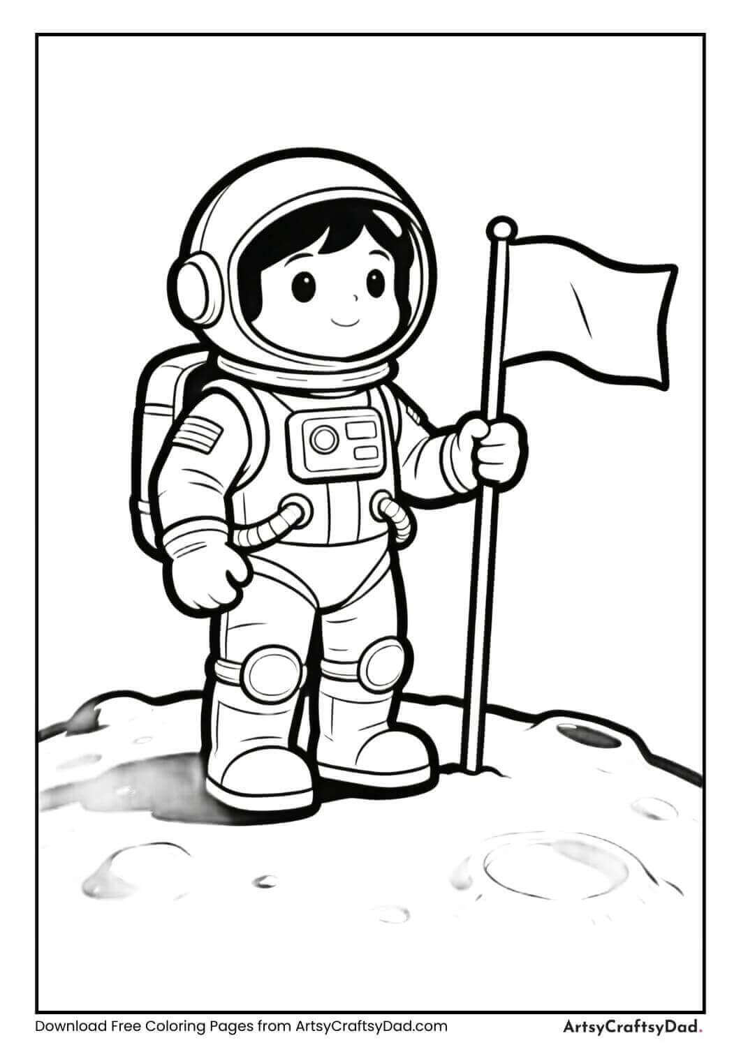 Astronaut walking on the moon coloring page for kids