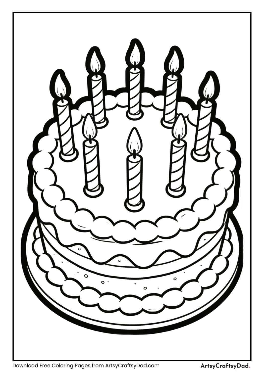 Birthday cake with many candles black and white coloring page