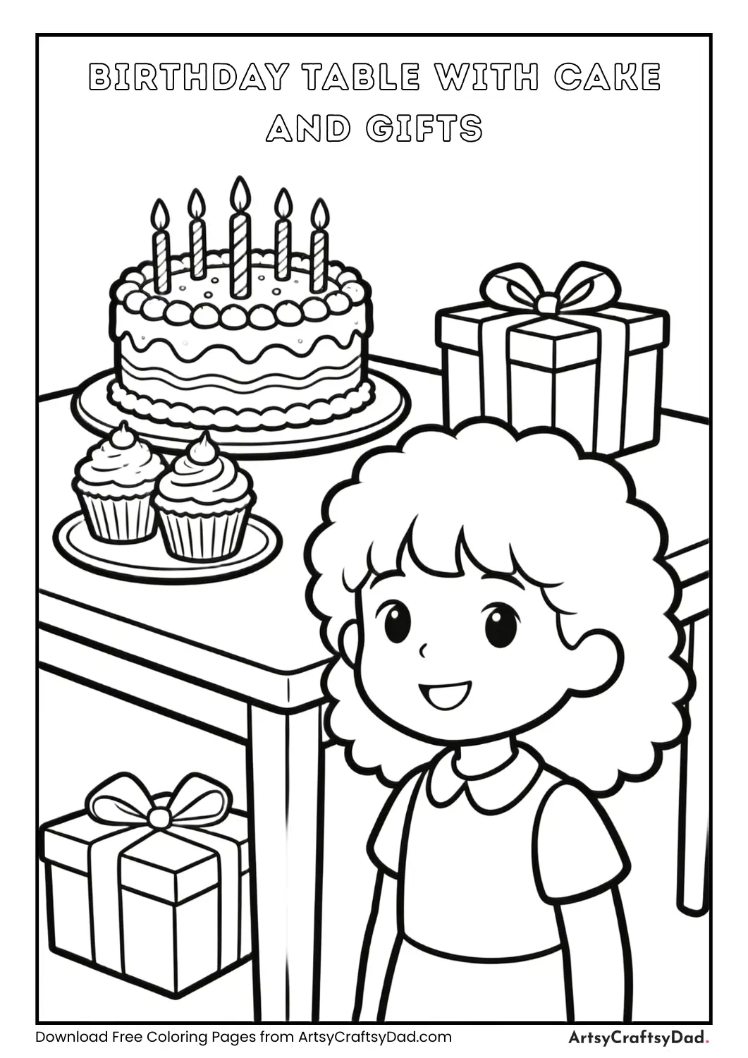 Birthday party table with cake and gifts coloring page