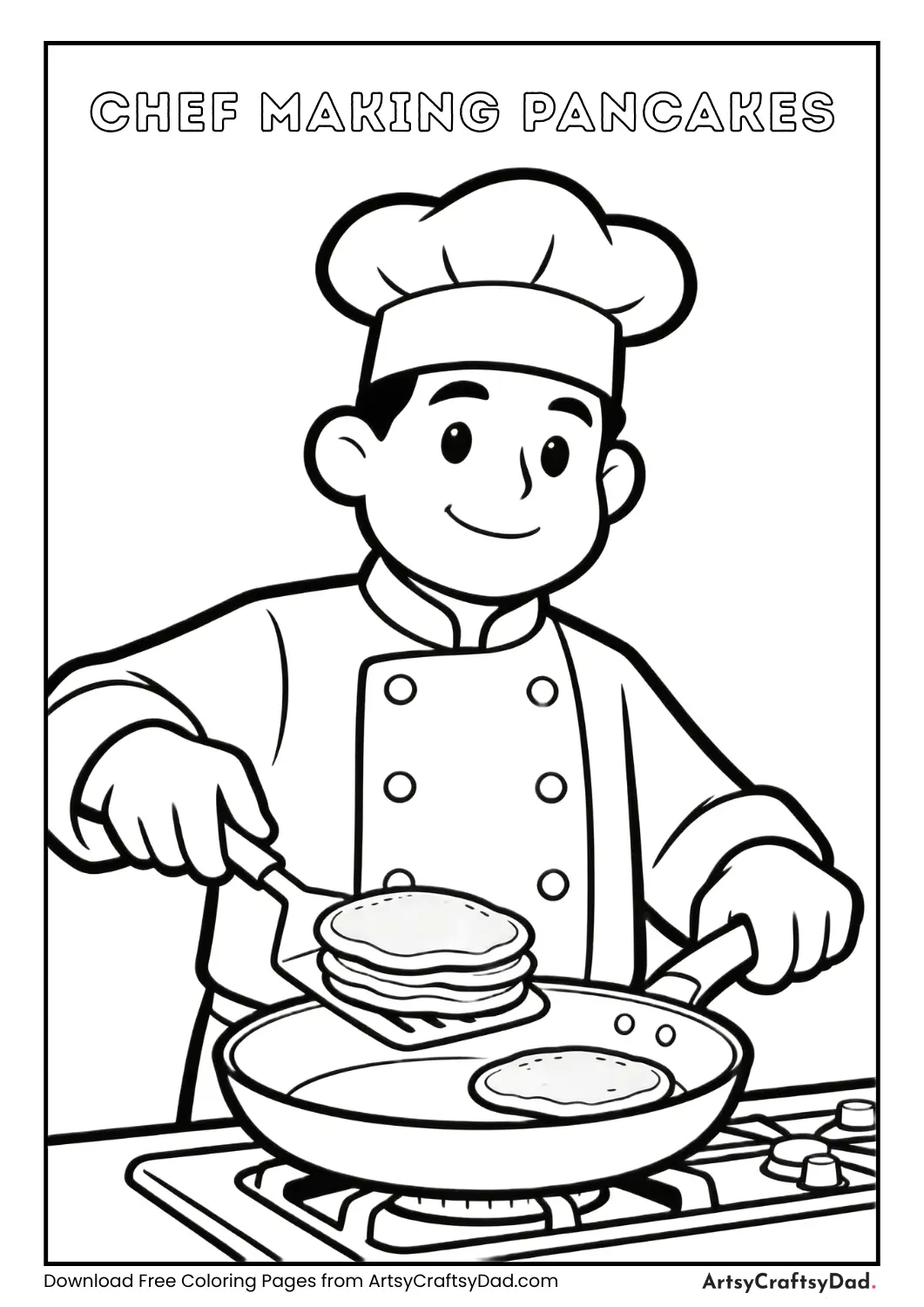 Chef flipping pancakes black and white coloring page