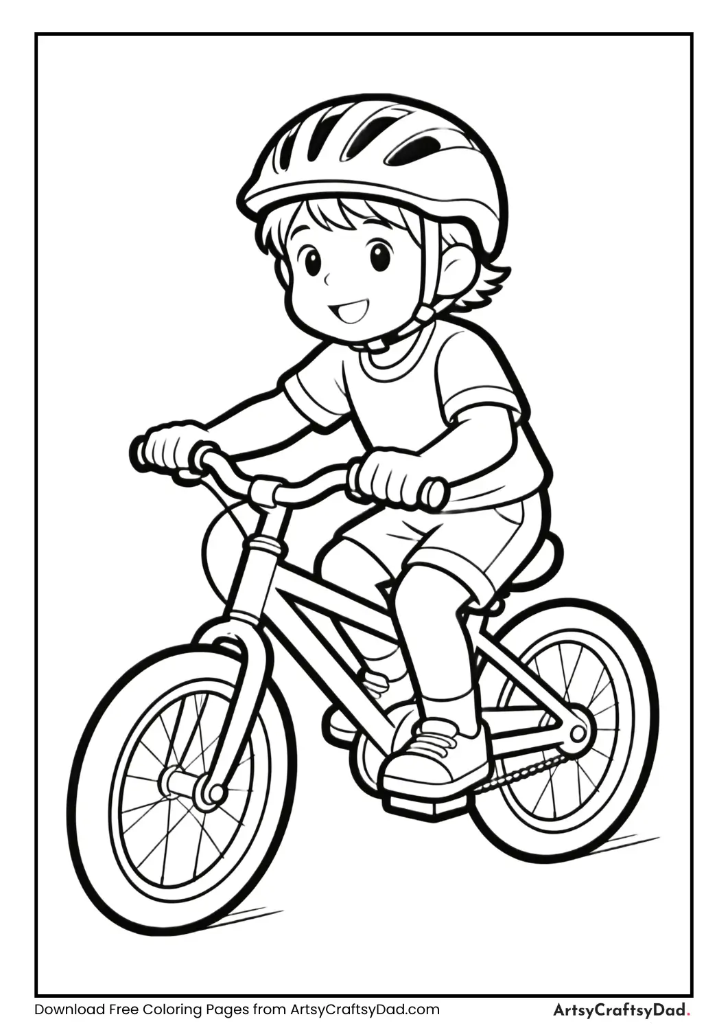A child riding a bicycle while wearing a helmet, black and white coloring page.