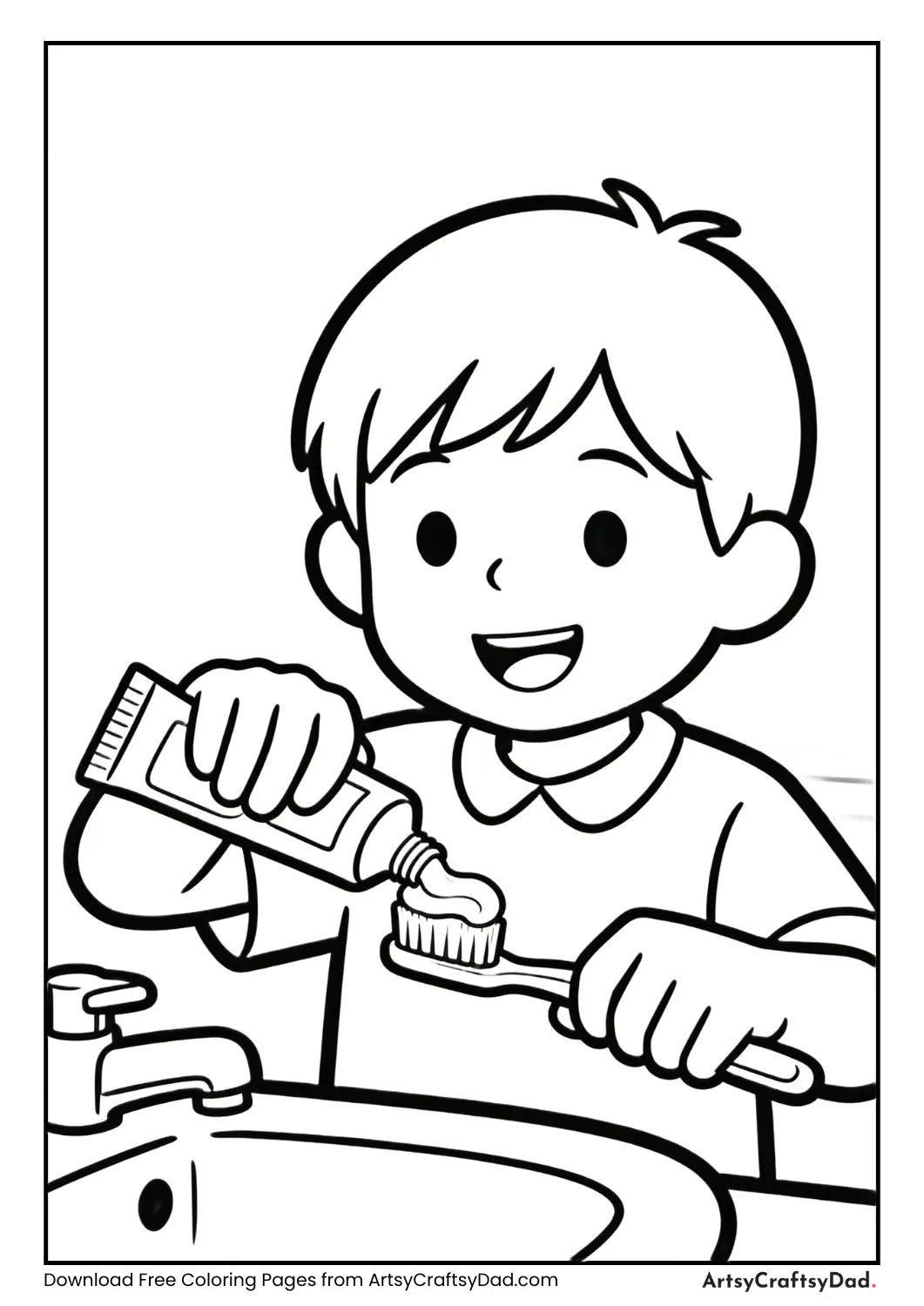 Child putting toothpaste on toothbrush, black and white coloring page.