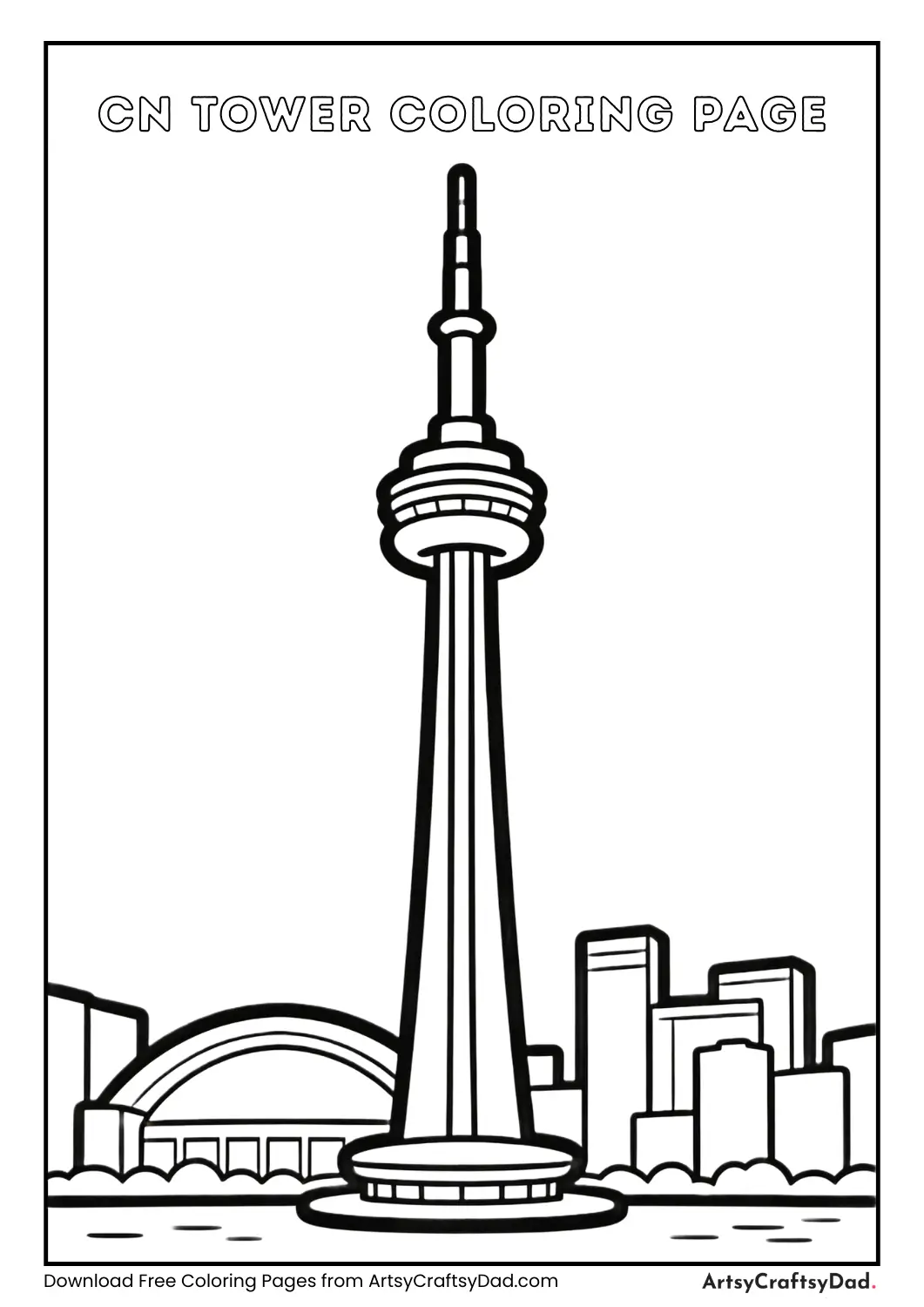 CN Tower black and white coloring page for kids