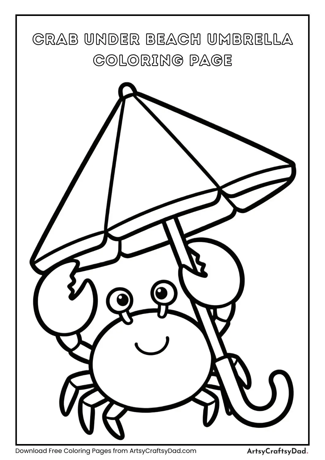 Crab hiding under beach umbrella black and white coloring page for children
