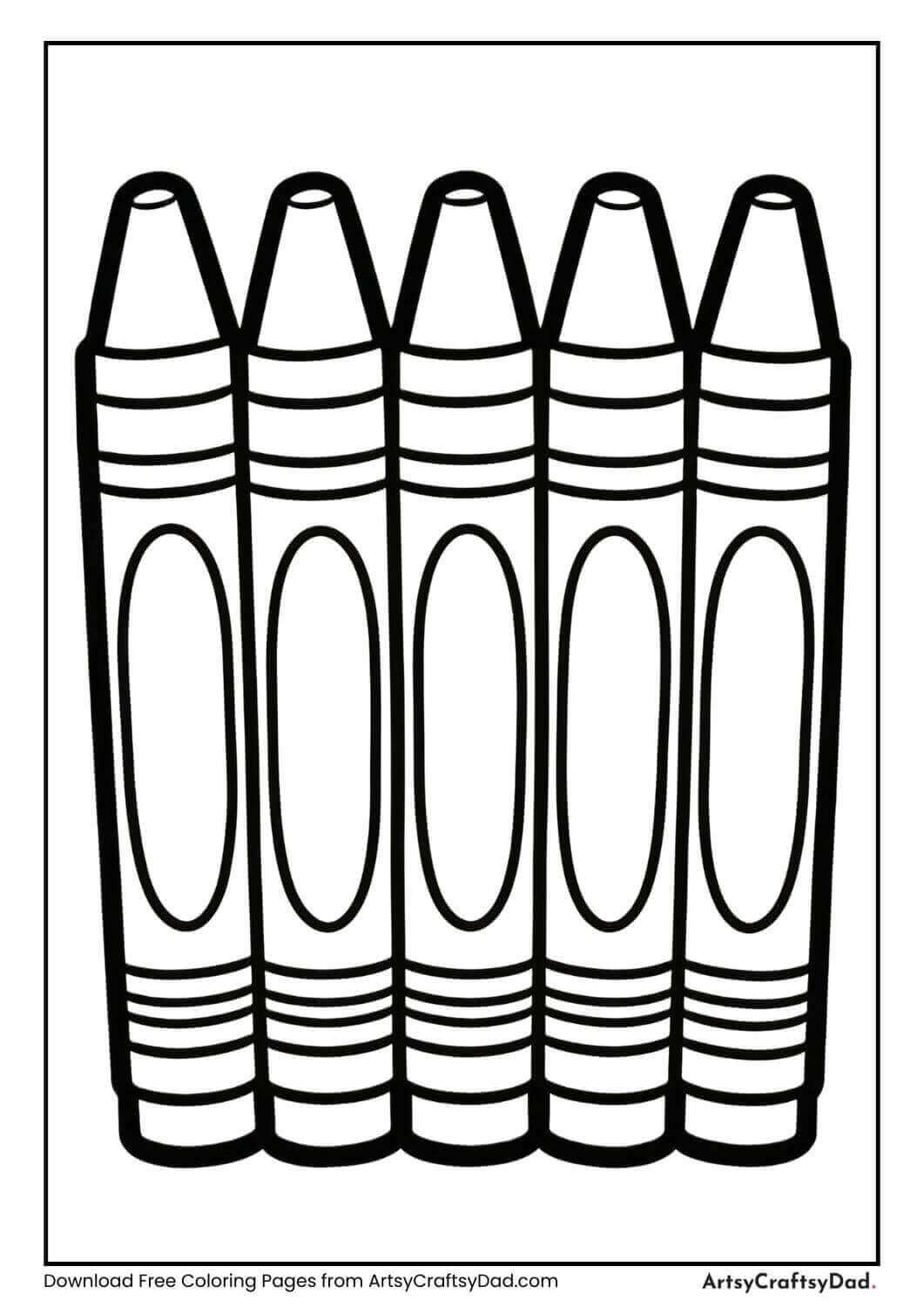 Black and white coloring page of a row of crayons