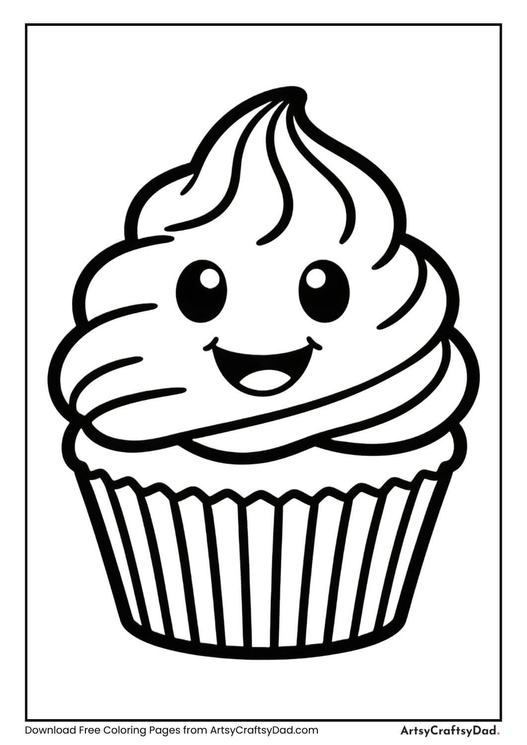 Cupcake with smiling face black and white coloring page
