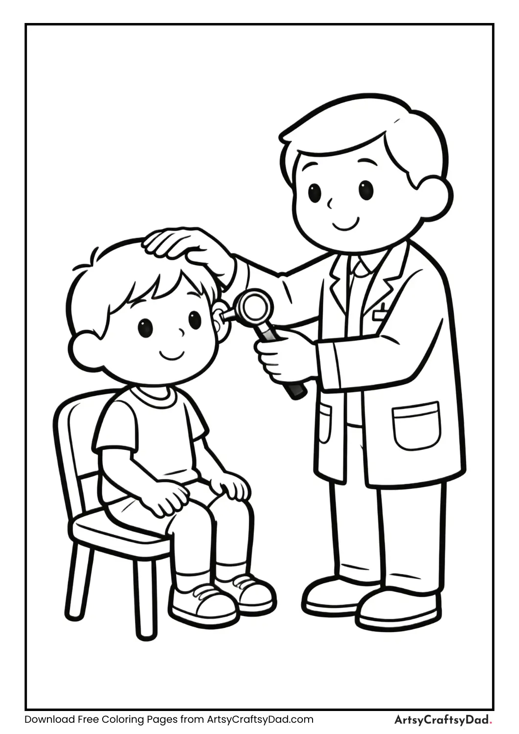 Doctor examining child’s ears with otoscope