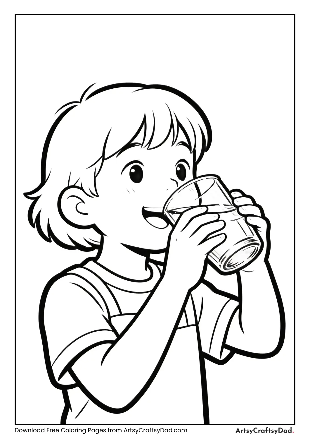 Child drinking water healthy habit coloring page