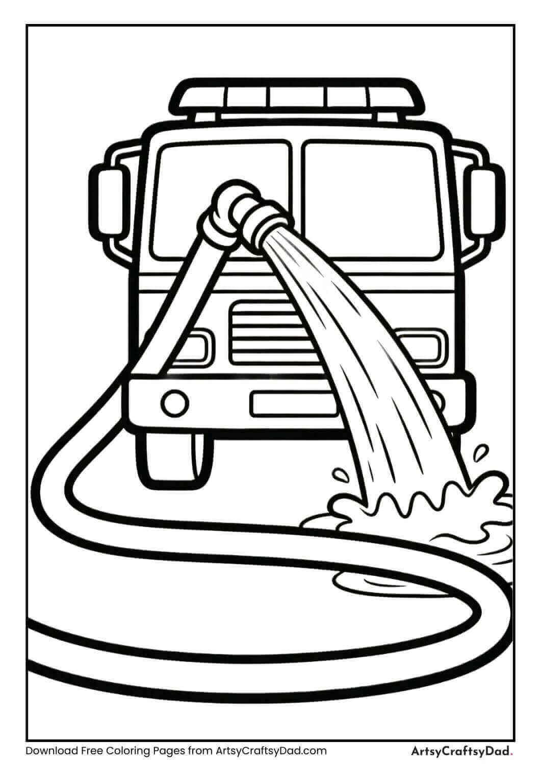 Fire truck spraying water coloring page