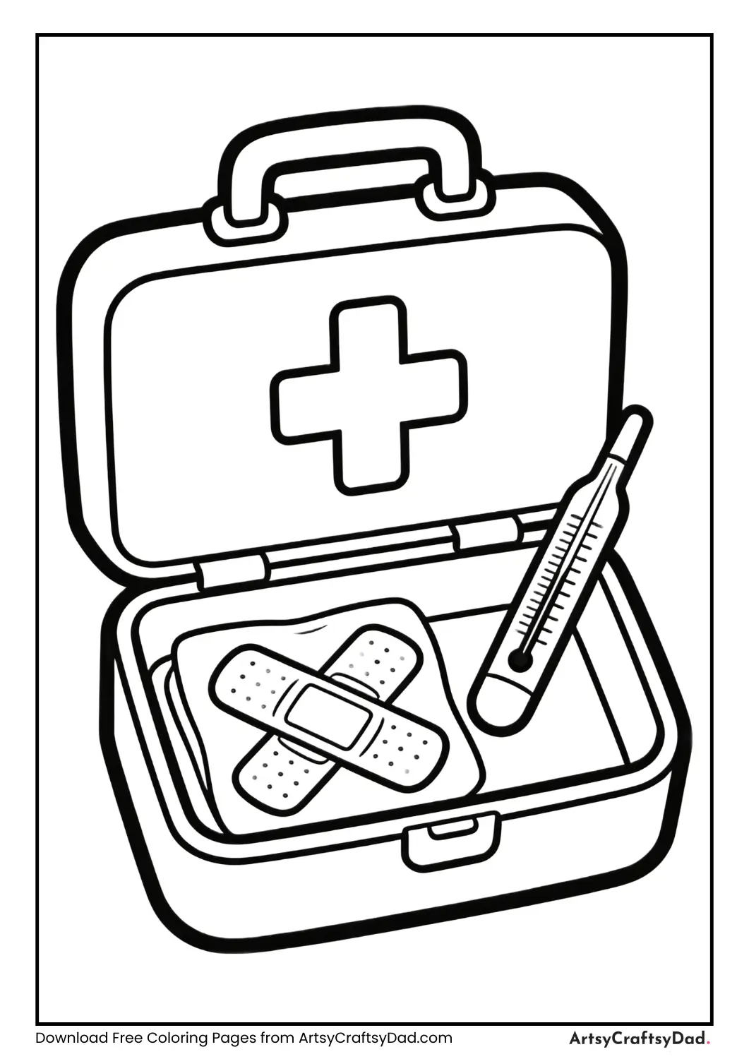 First aid kit with thermometer and bandage coloring page