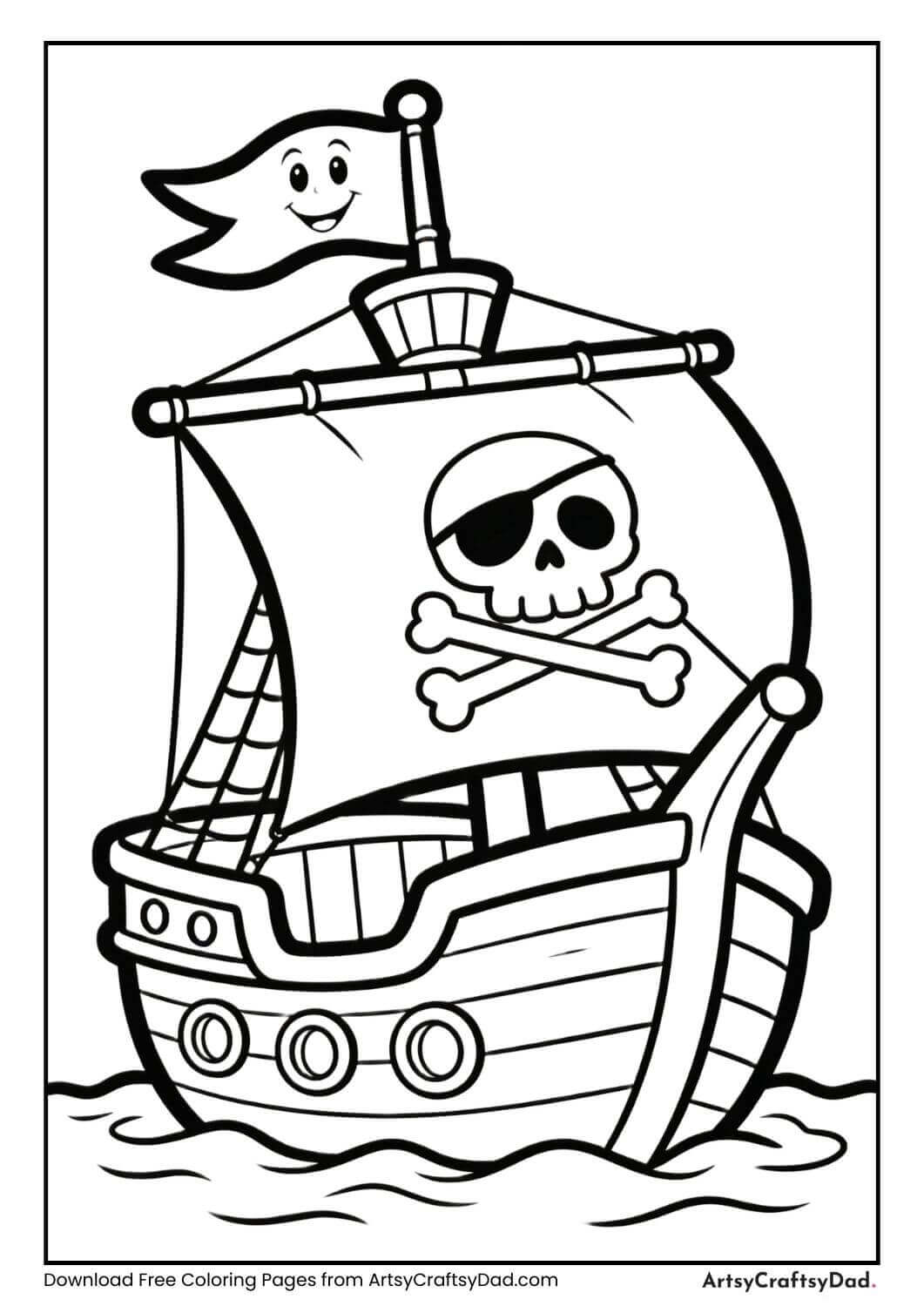 Fishing boat black and white coloring page for kids