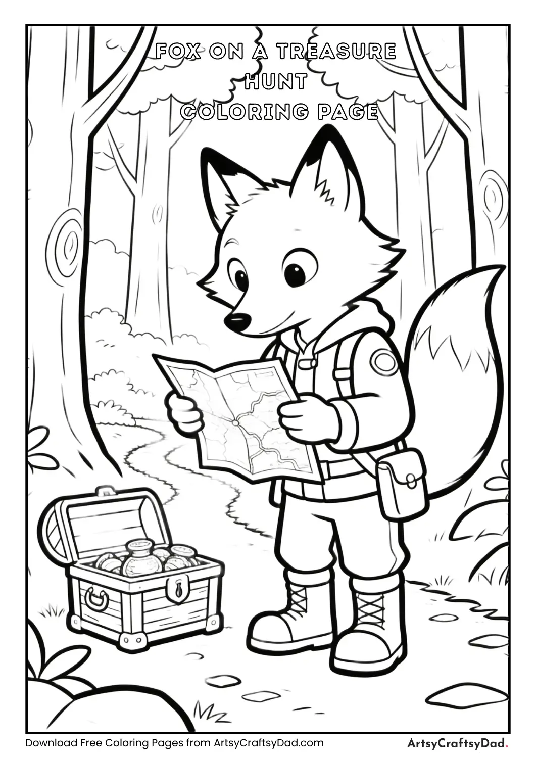 Fox reading a map in the forest on a treasure hunt coloring page.