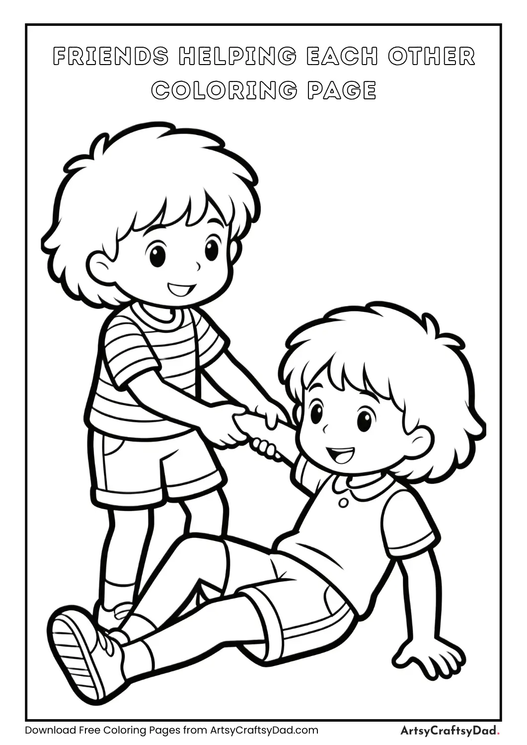 Black and white coloring page of one friend helping another