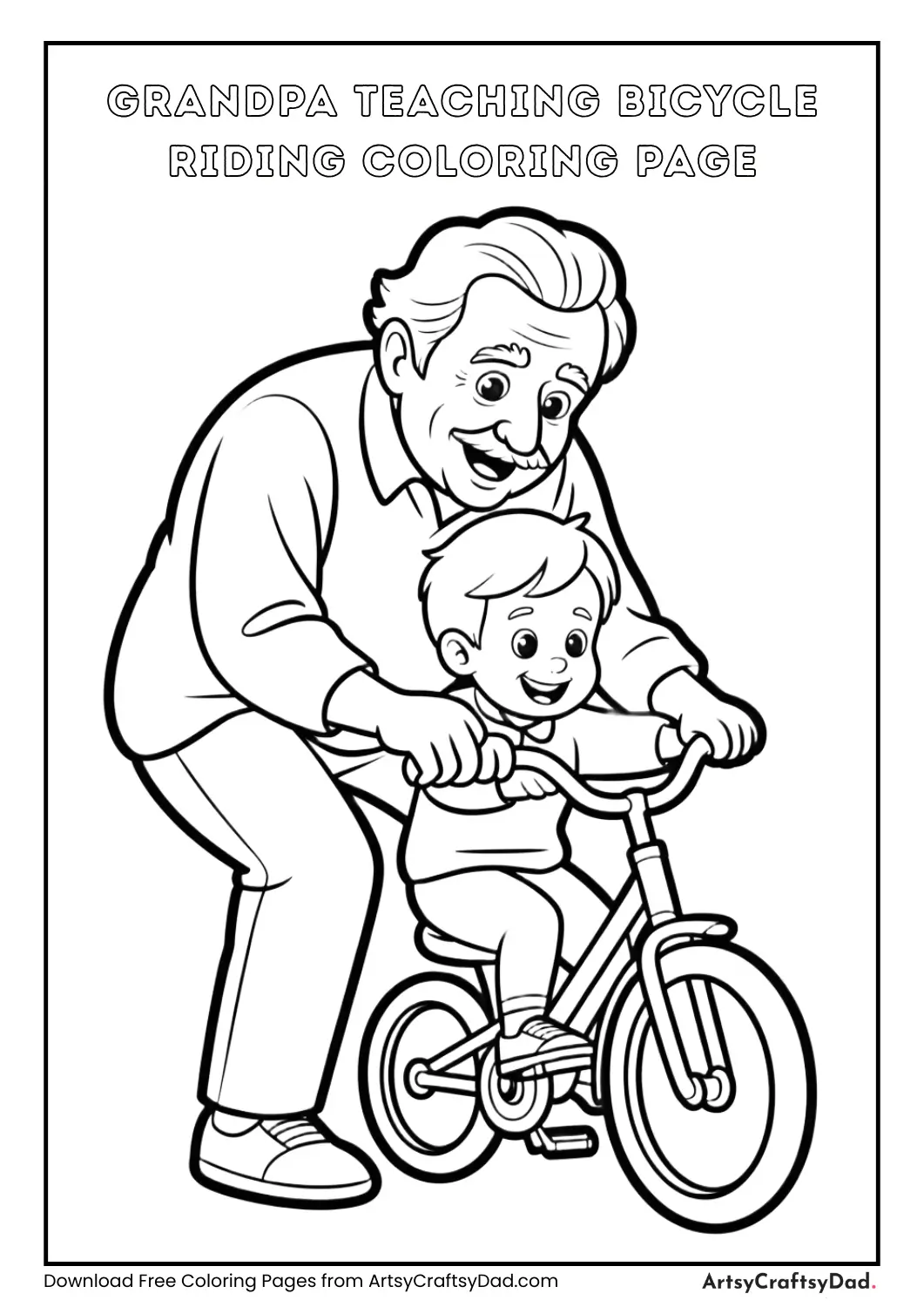 Grandpa teaching a child to ride a bicycle coloring page