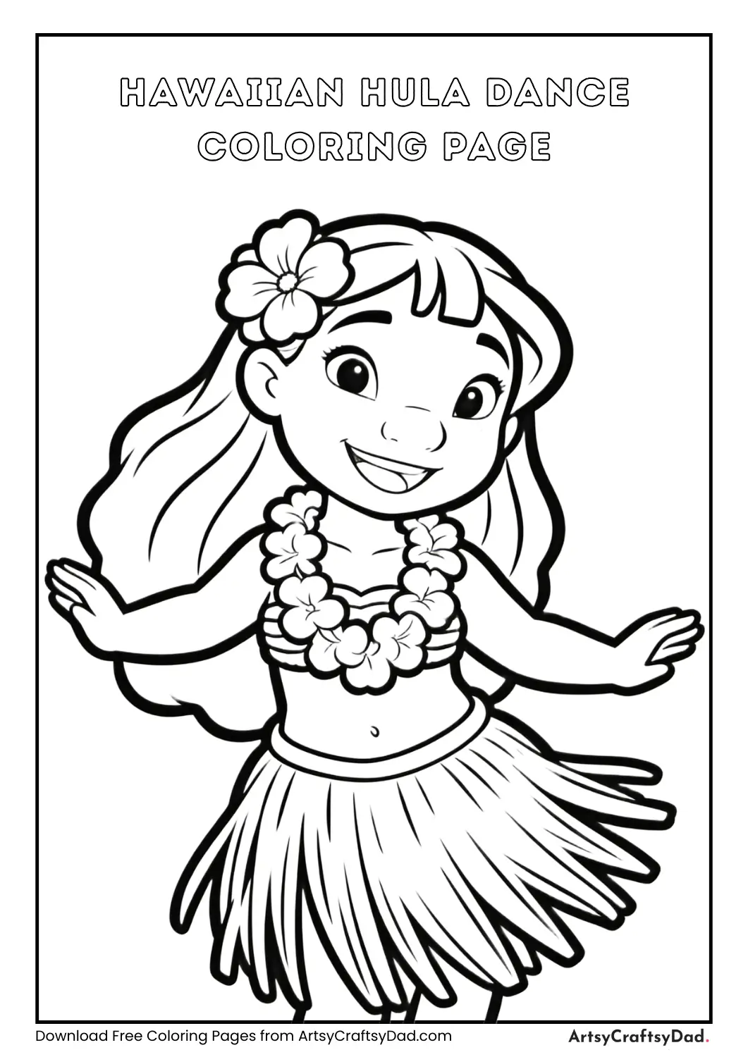 Hawaiian hula dancer with grass skirt and flower lei, black and white coloring page for kids.