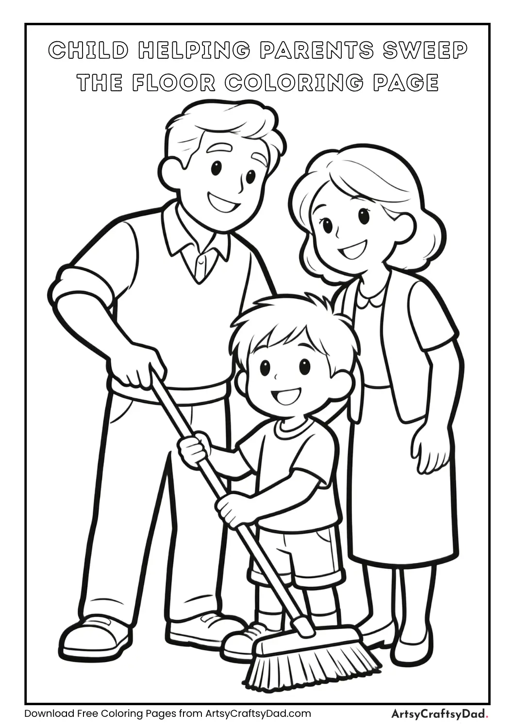 Child sweeping floor with parents coloring page