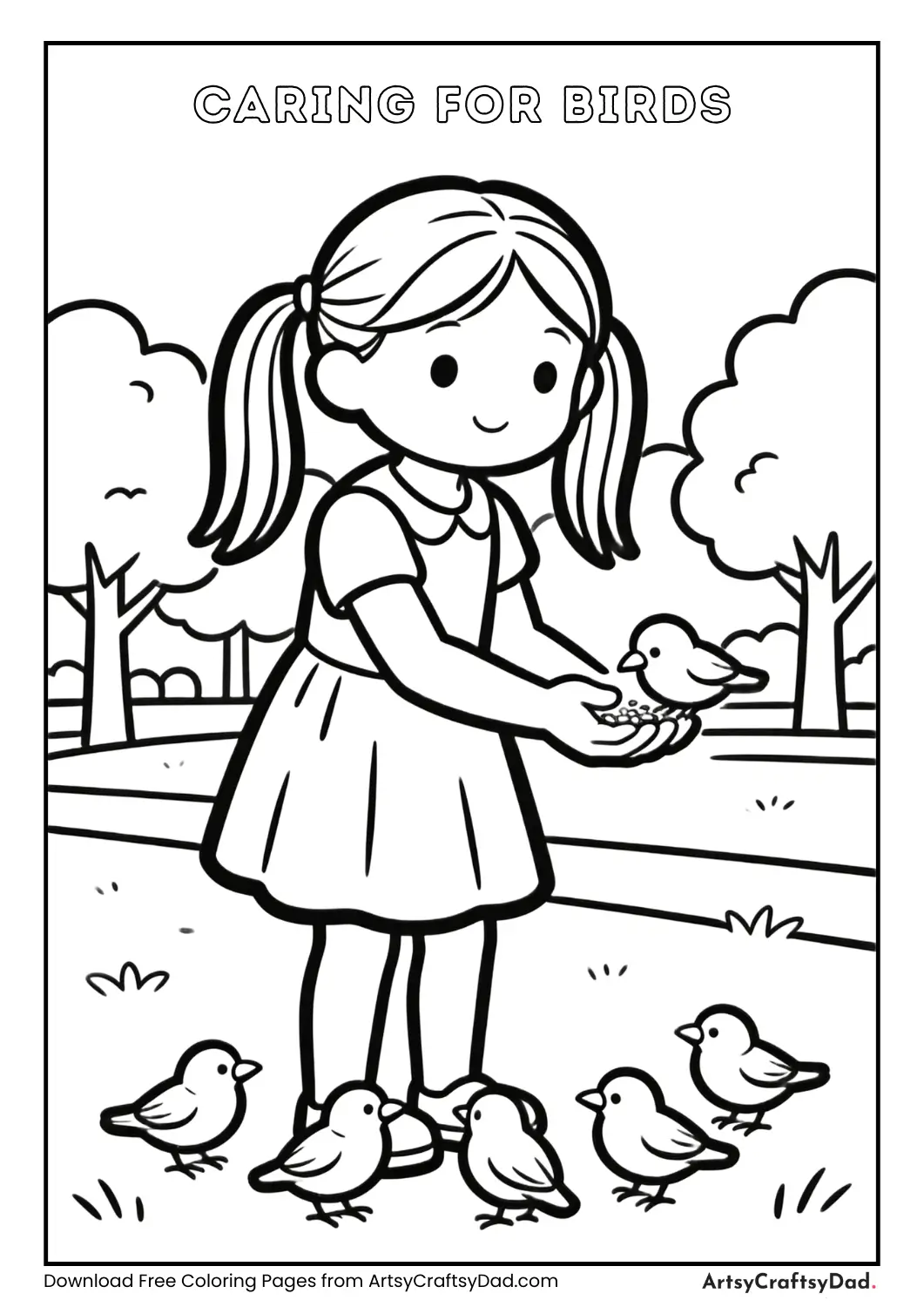 Child feeding birds kindness coloring page