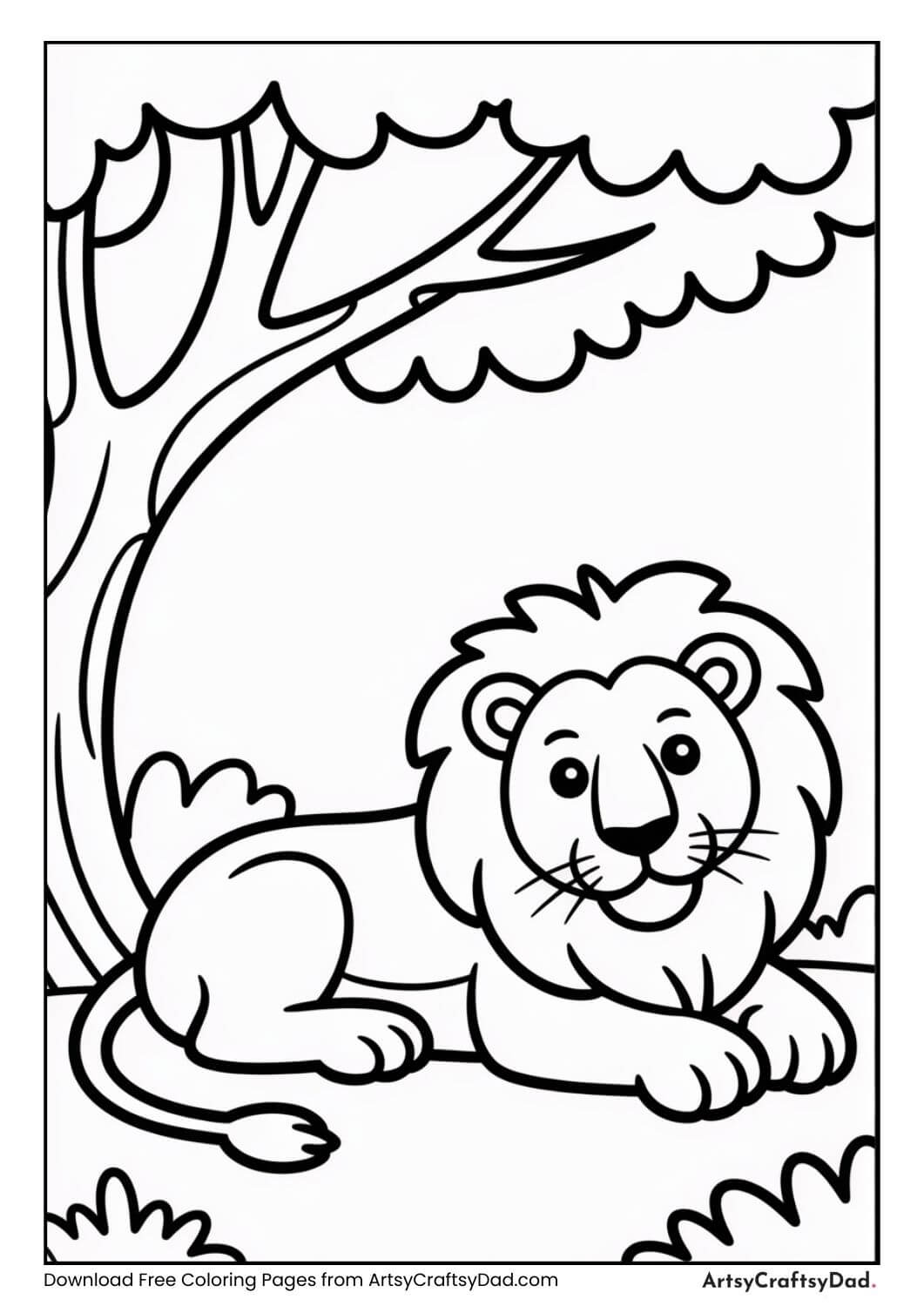 Calm lion lying under tree coloring page
