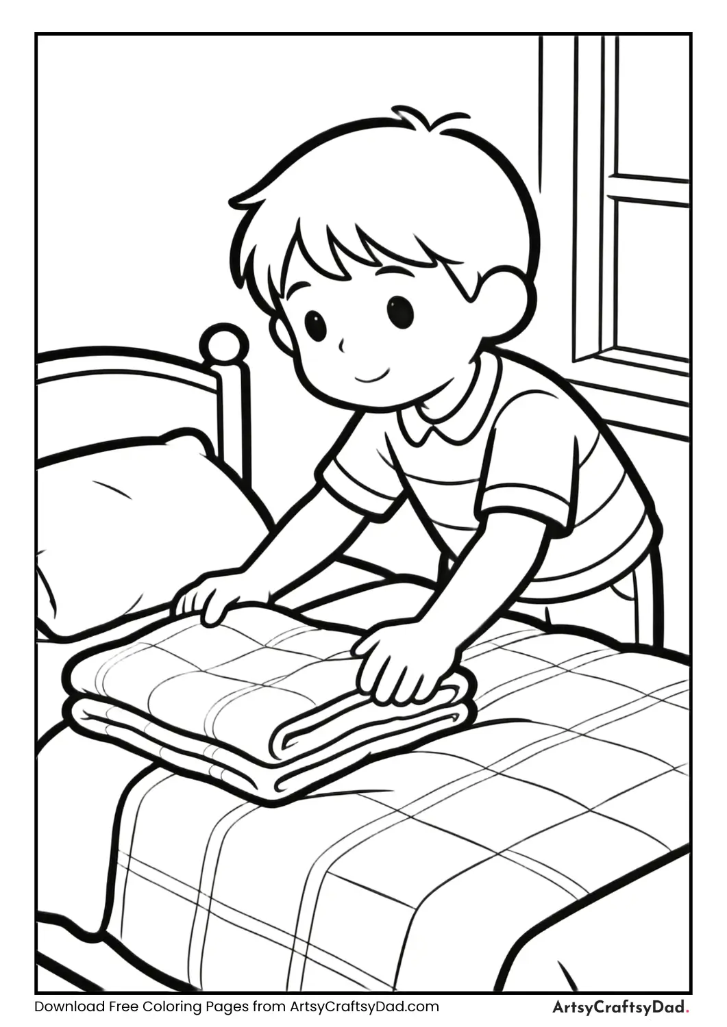 Child making their bed neatly.