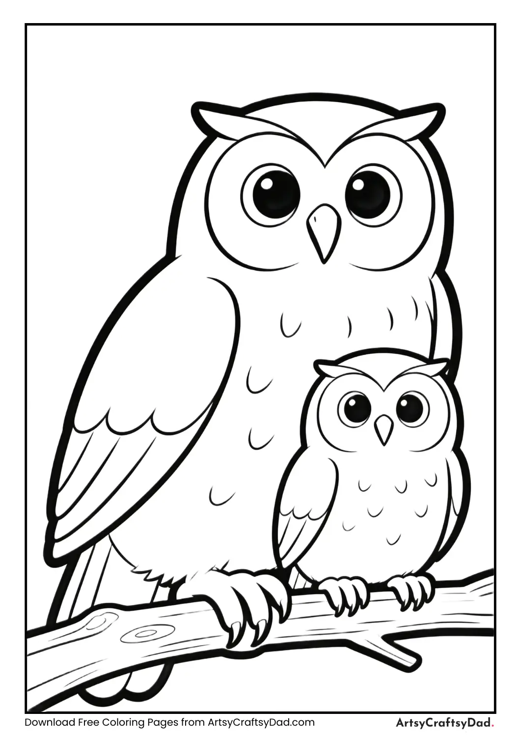 Mother owl and baby owl black and white coloring page