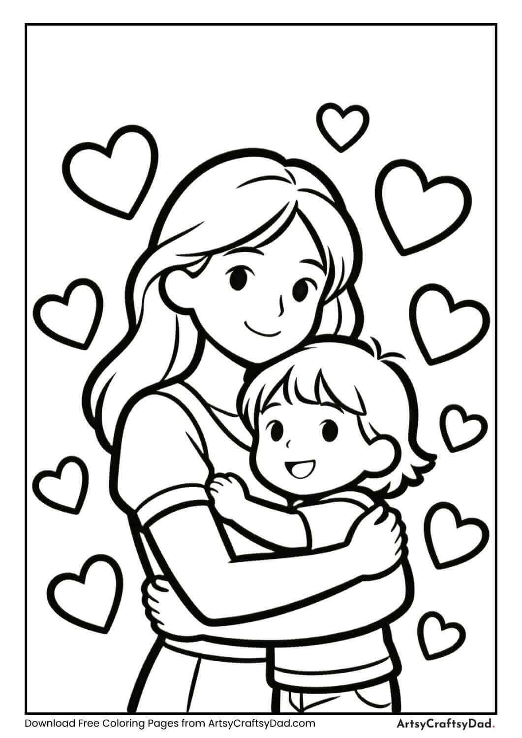 Mother hugging child with hearts around