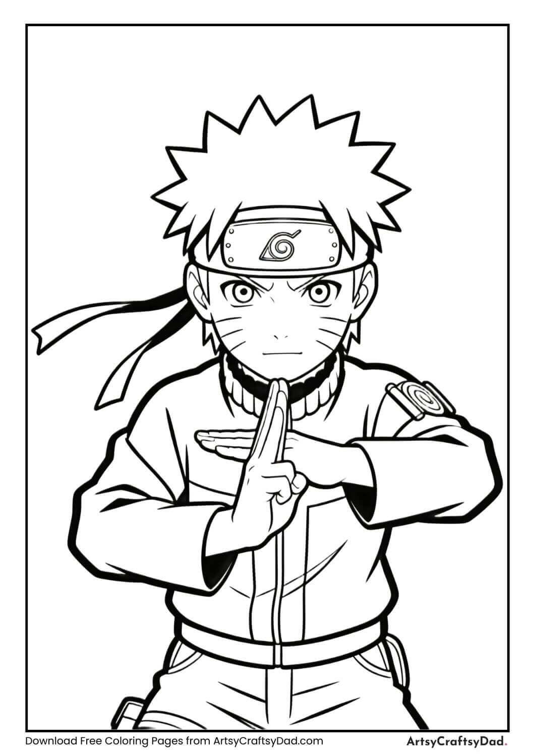 Naruto performing a ninja hand sign, black and white coloring page