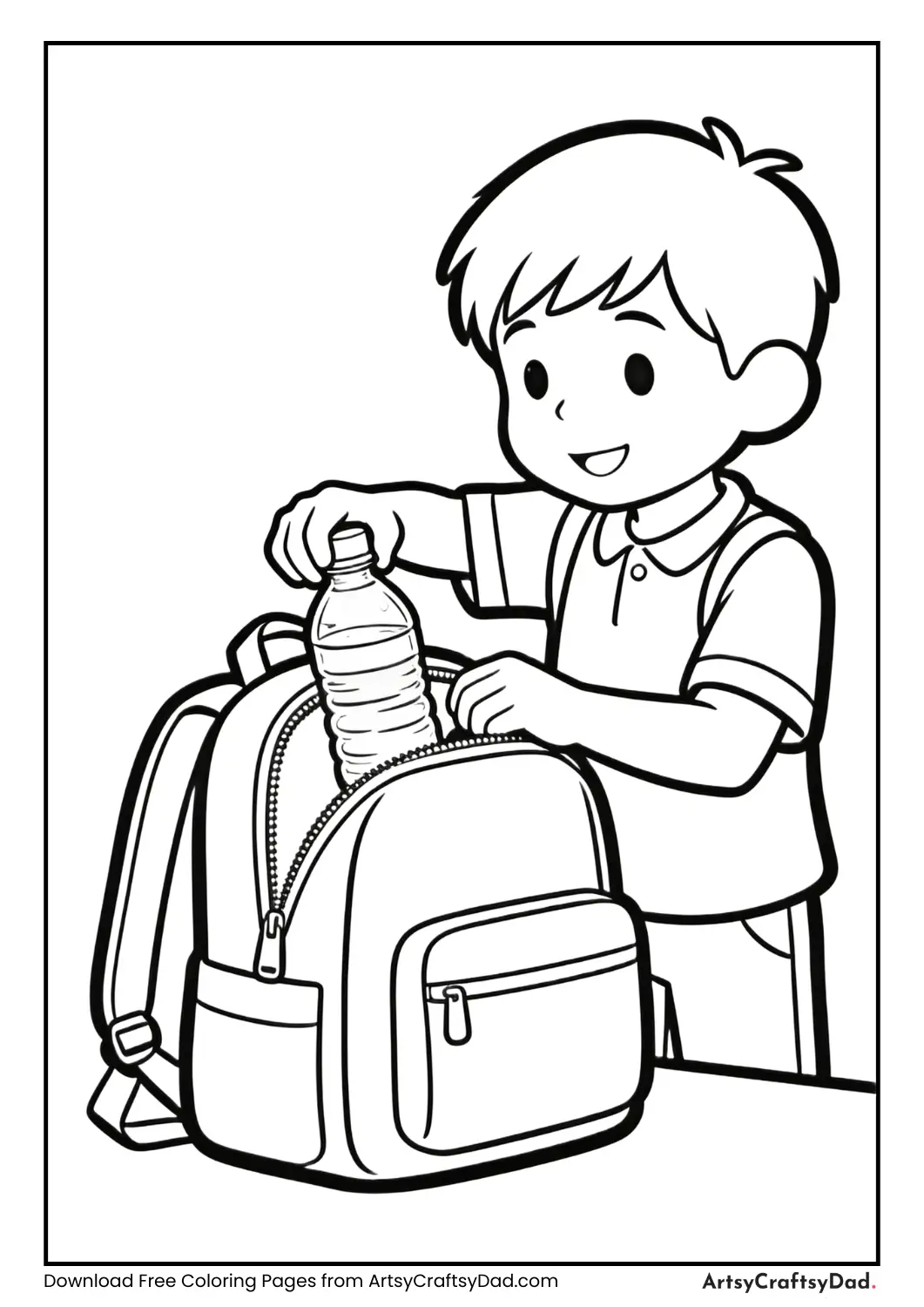Child putting water bottle into a school bag