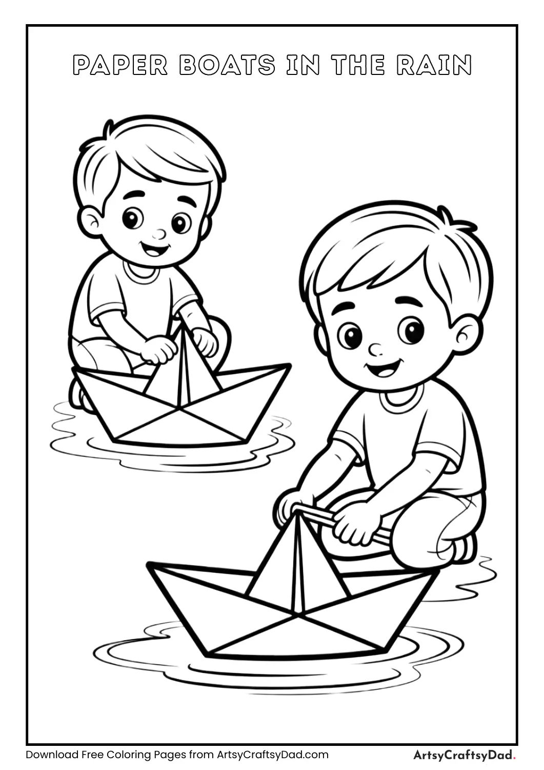 Kids floating paper boats in rain coloring page