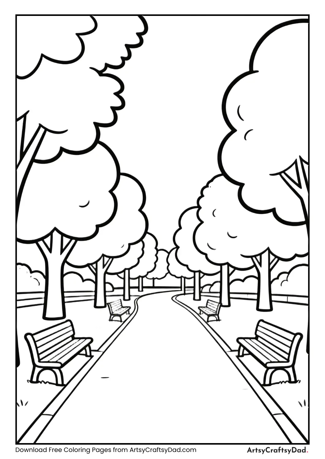 Tree-lined pathway in a park with benches.