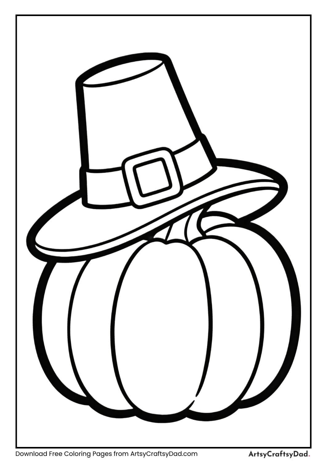 Pilgrim hat on pumpkin black and white coloring page