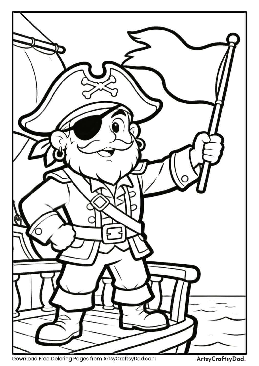 Pirate standing on a ship deck with a flag coloring page