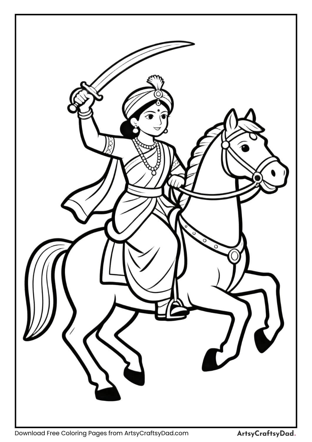 Black and white coloring page of Rani Lakshmibai riding a horse