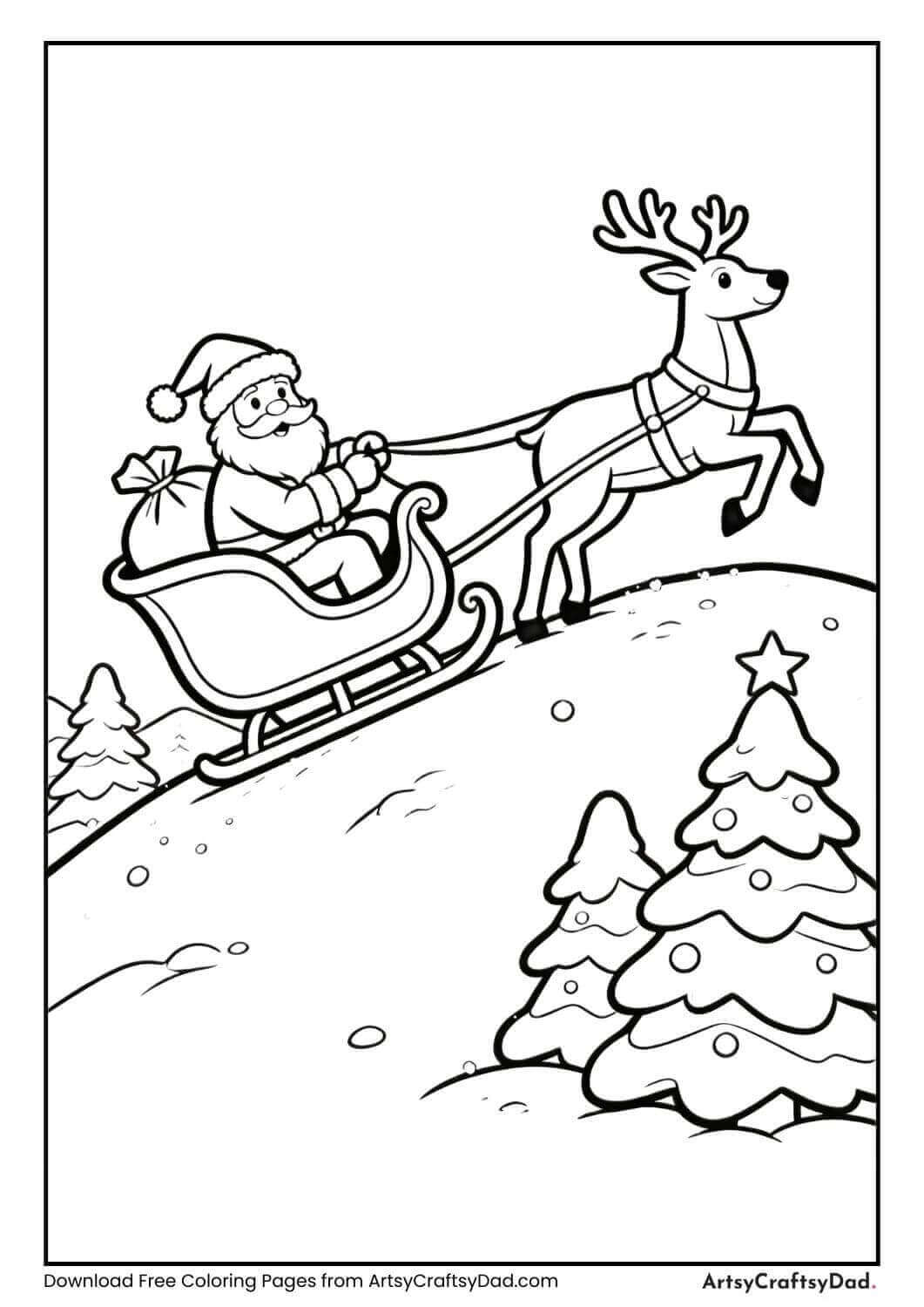 Reindeer pulling Santa’s sleigh over snow hills