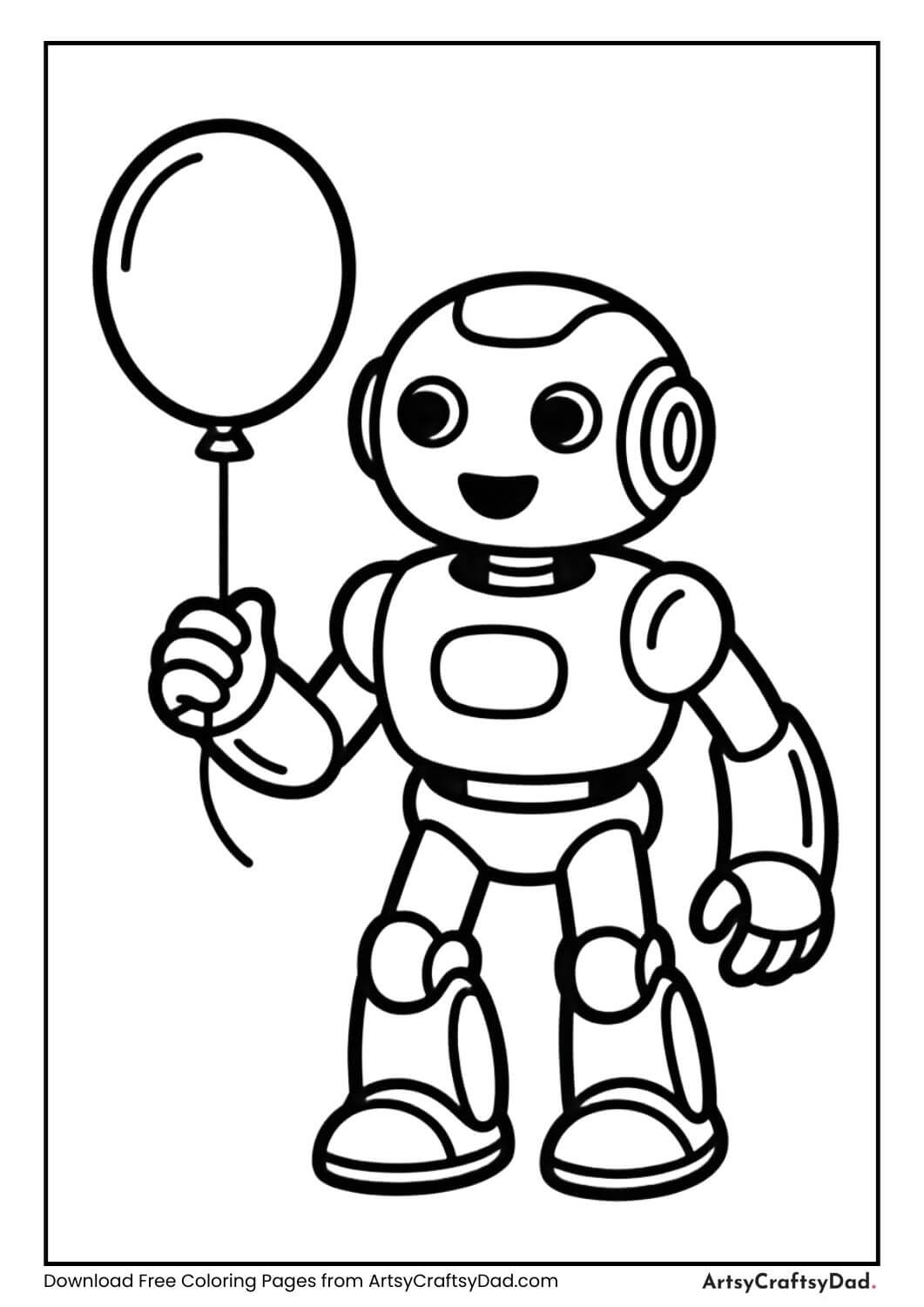 Robot holding a balloon, smiling, simple outlines