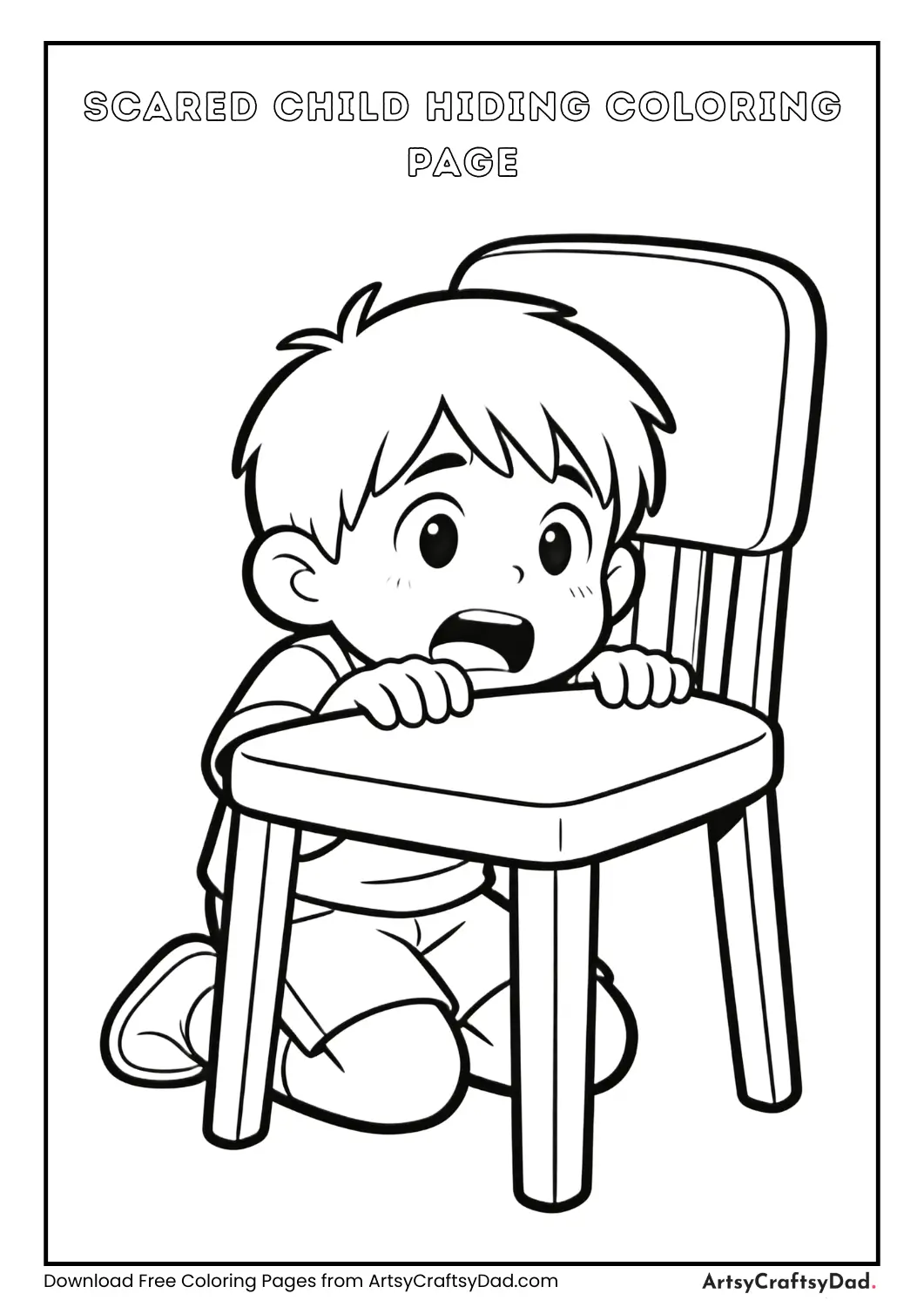 scared child hiding behind chair coloring page