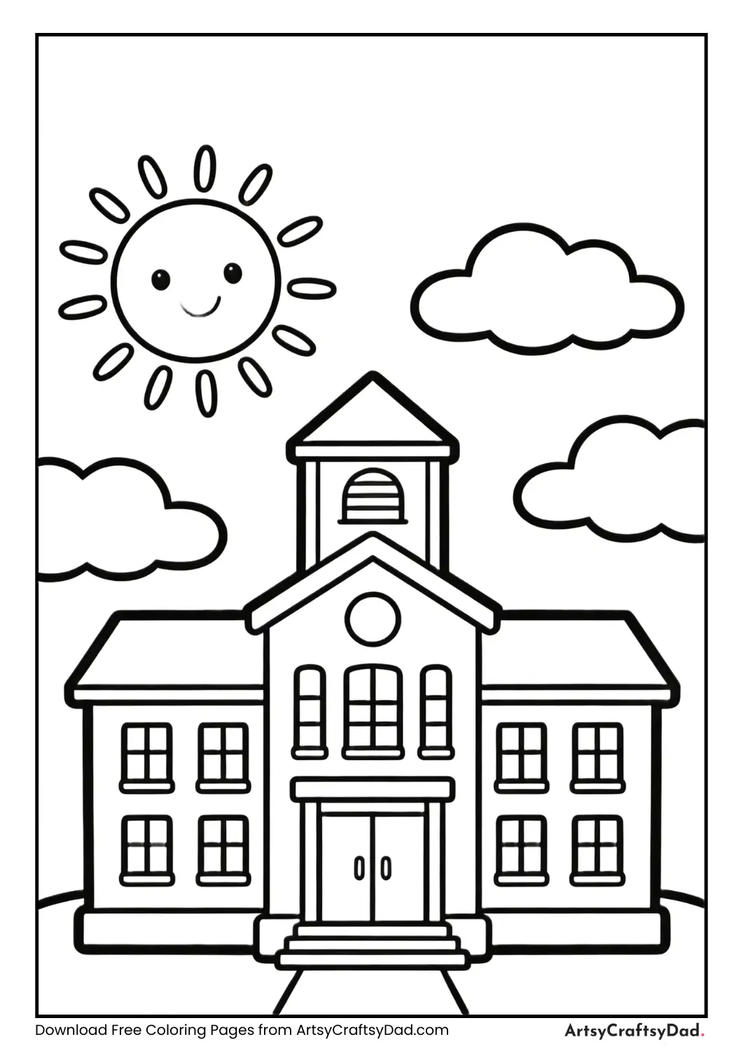 School building with sun and clouds coloring page