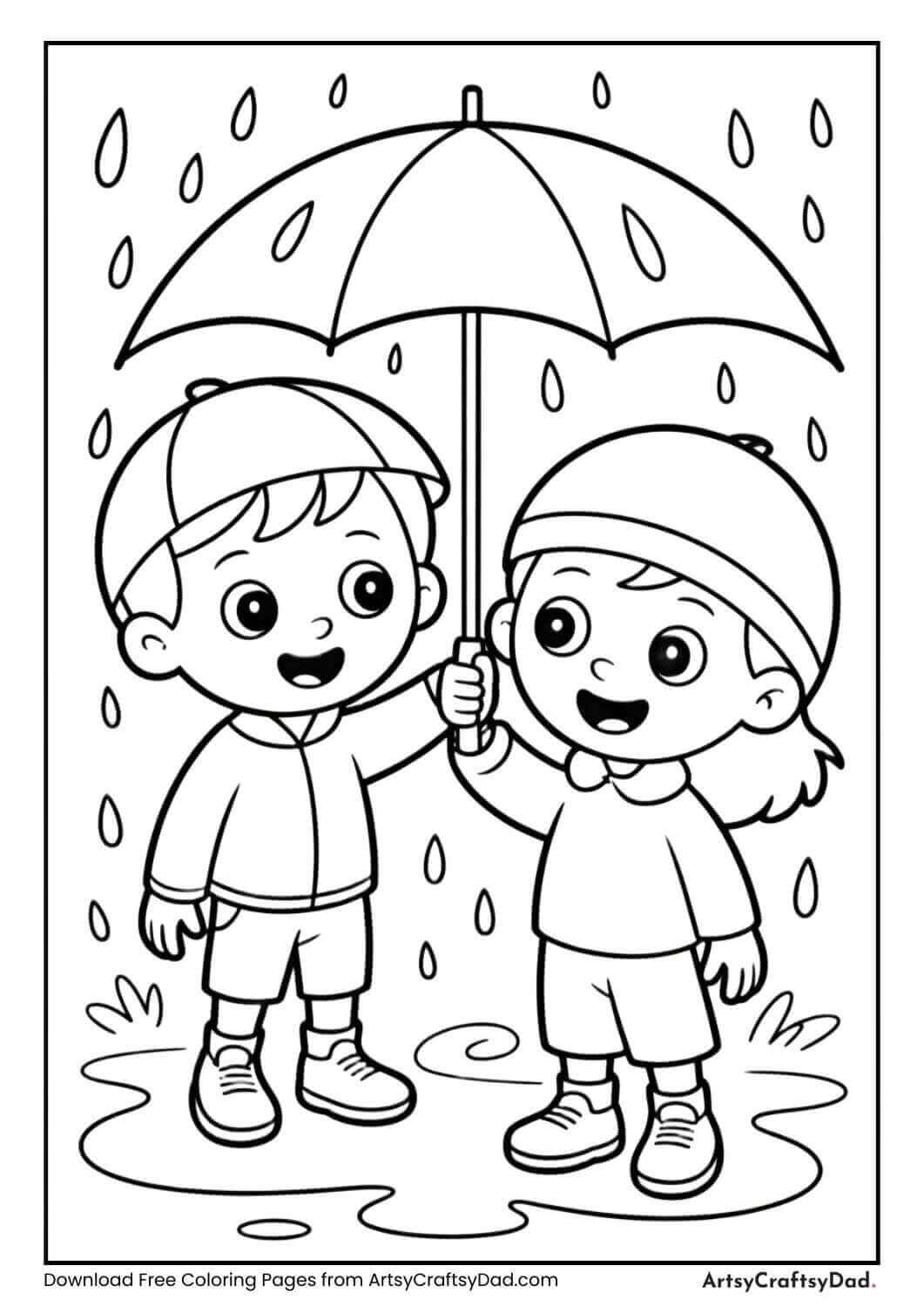 Kids with umbrellas in spring rain and puddles.