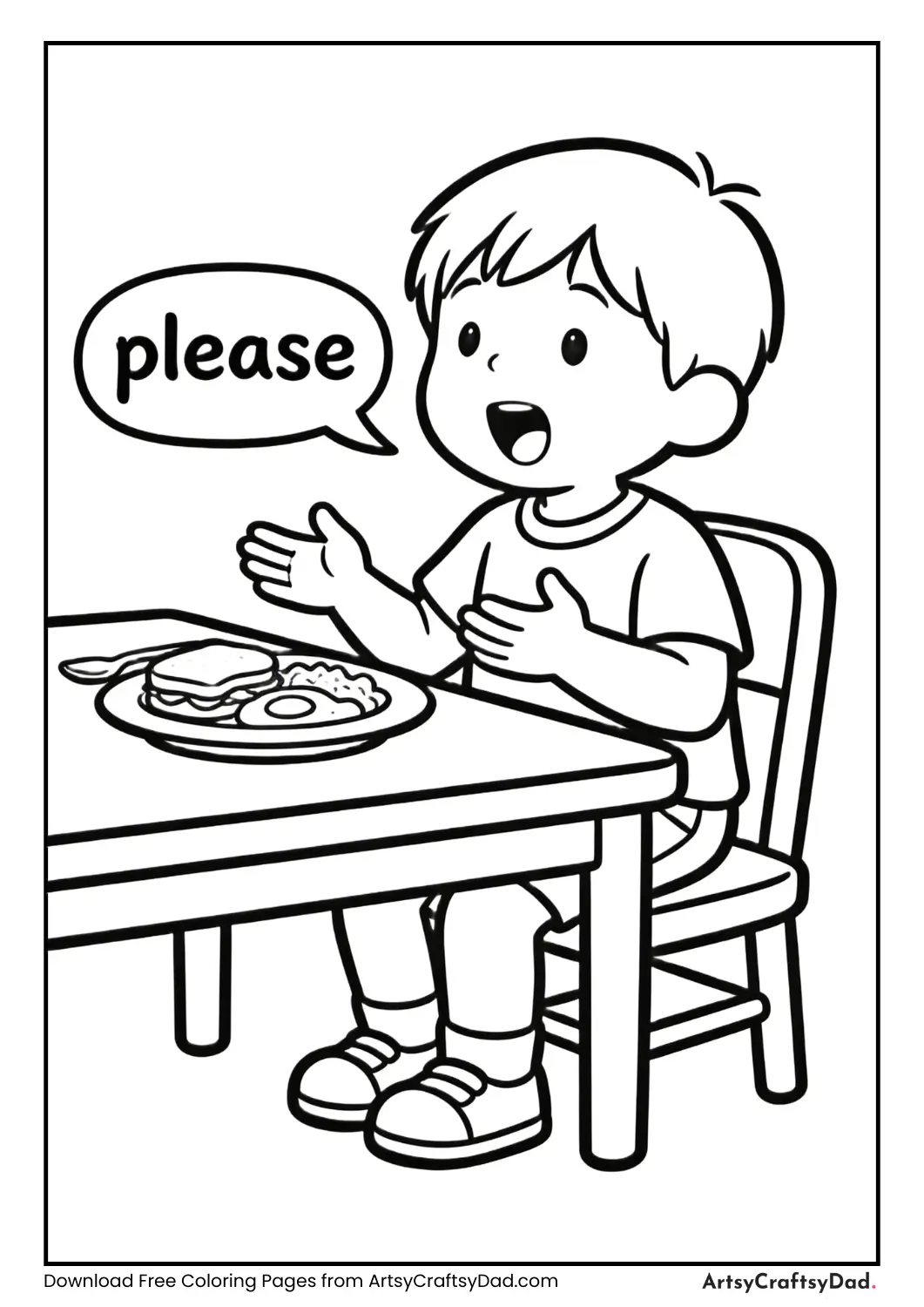 Child saying please at the dining table coloring page