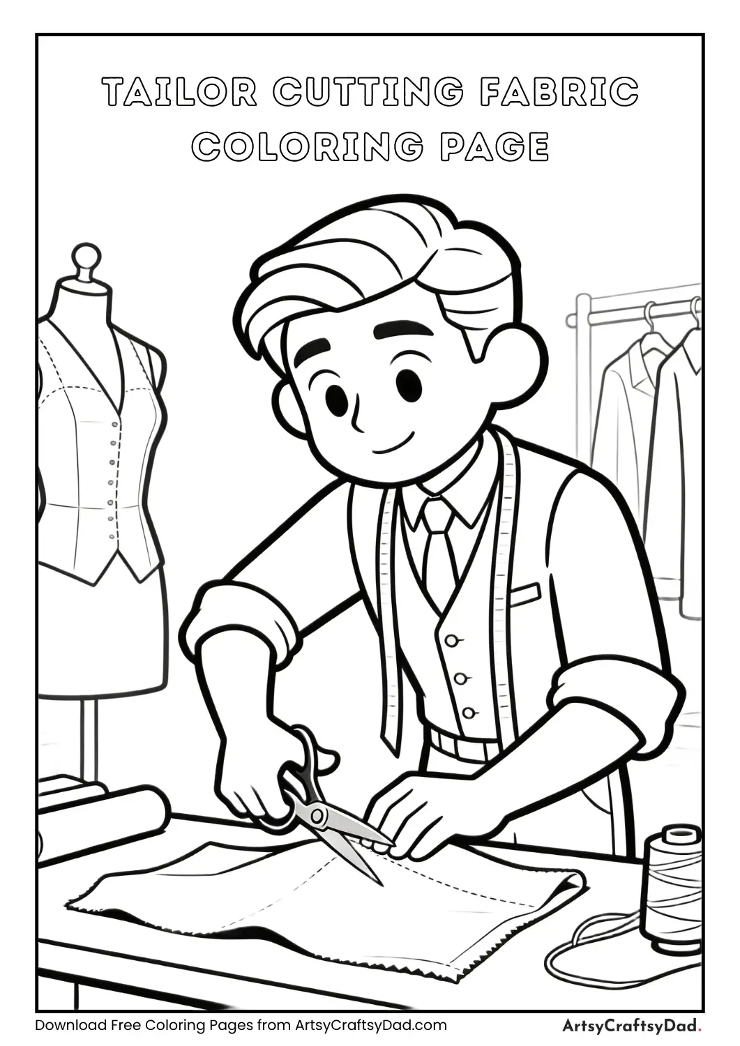 Tailor cutting fabric with scissors black and white coloring page