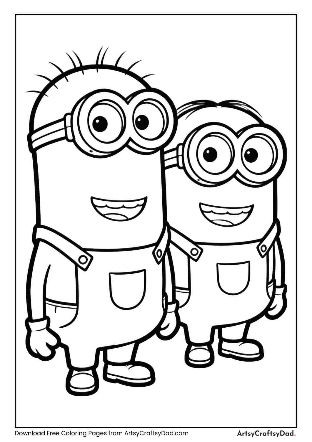 Two Minions smiling together black and white coloring page