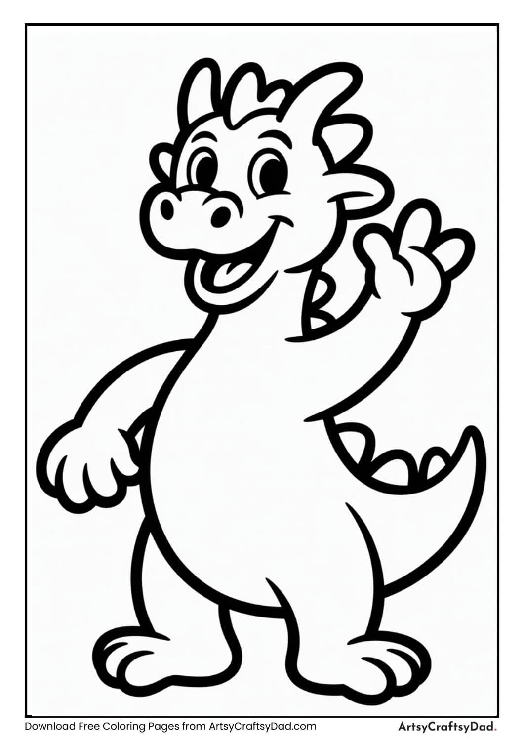 Friendly dragon standing and waving black and white coloring page