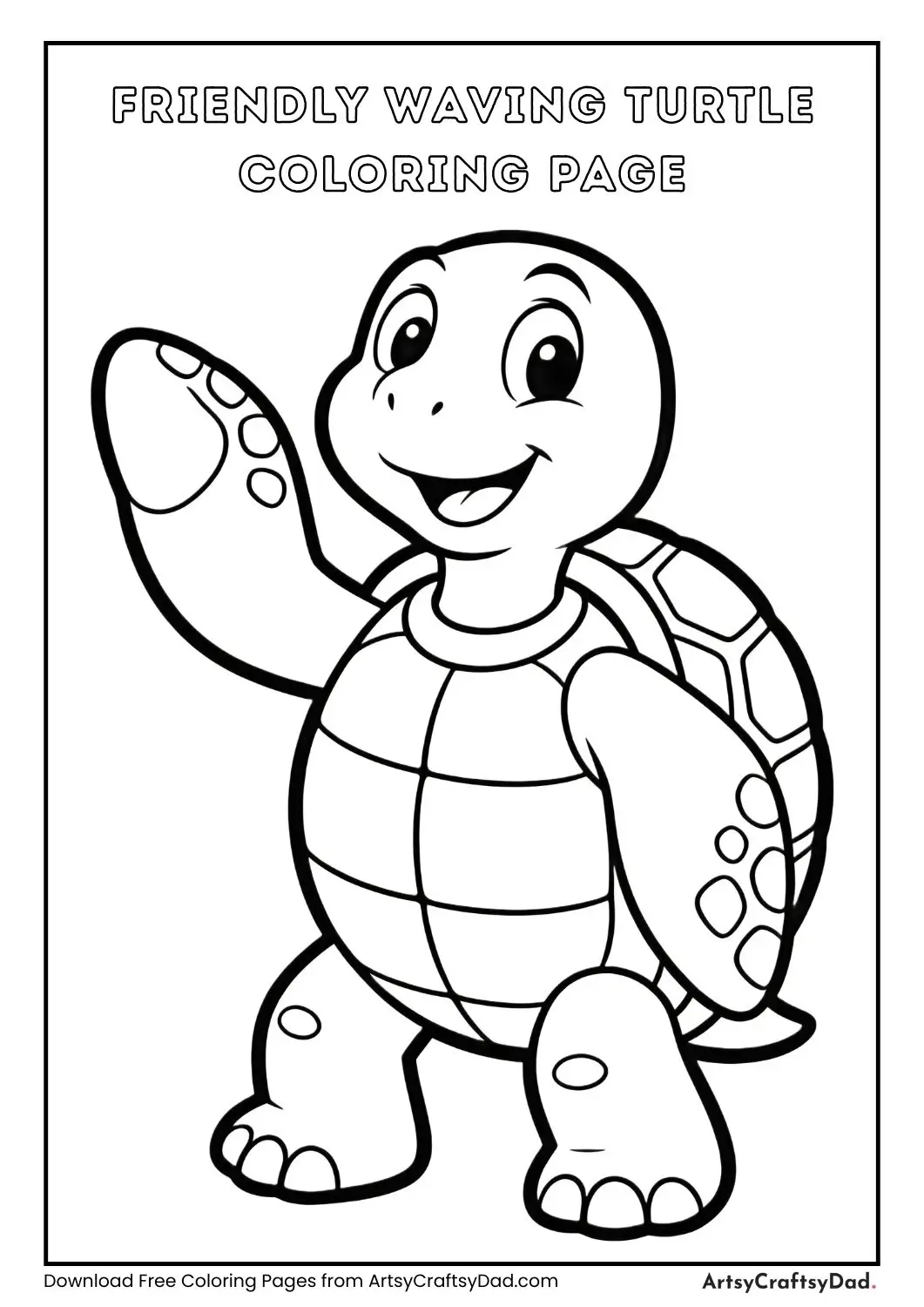 Friendly turtle waving black and white coloring page