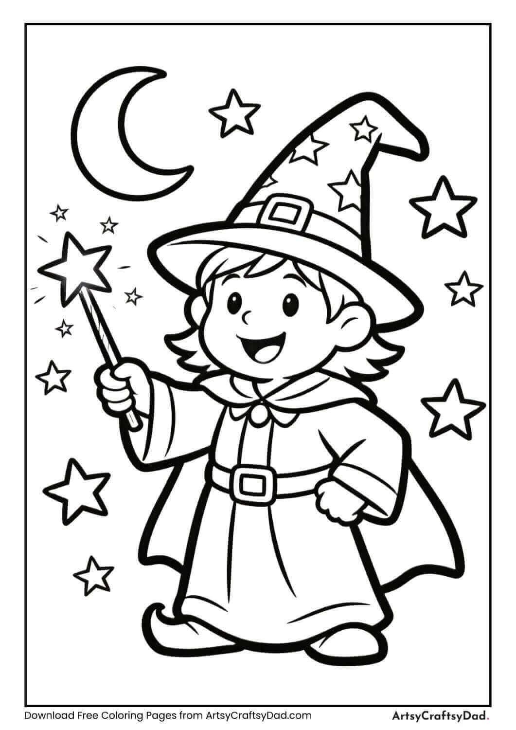 Wizard casting spell with stars and moon