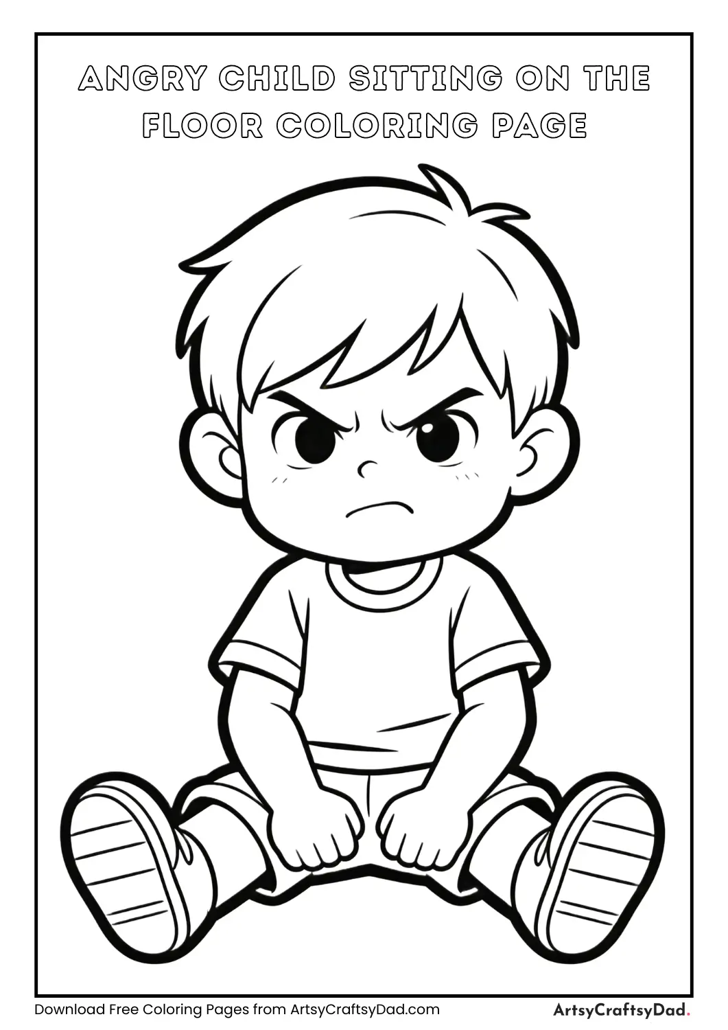 Black and white coloring page of a child sitting angrily on the floor