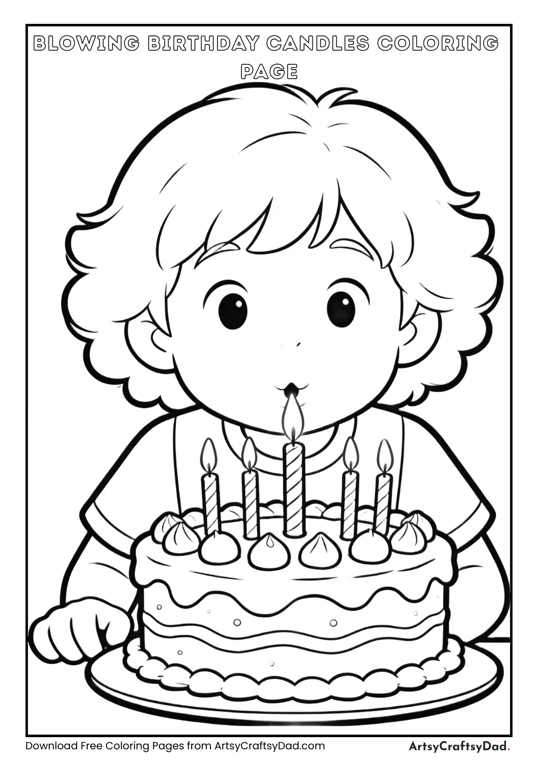 Child blowing out birthday candles coloring page
